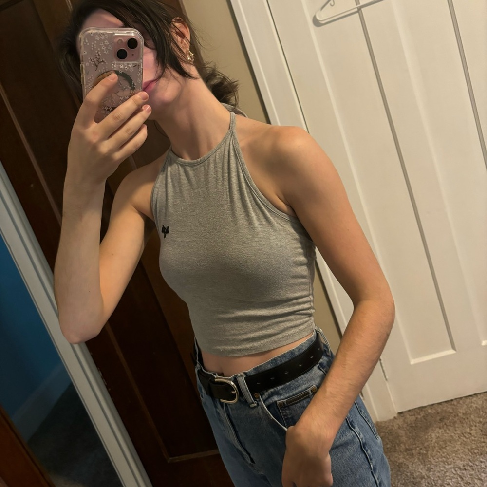 LA Hearts Grey Halter Crop Top with “ugh” Embroidery